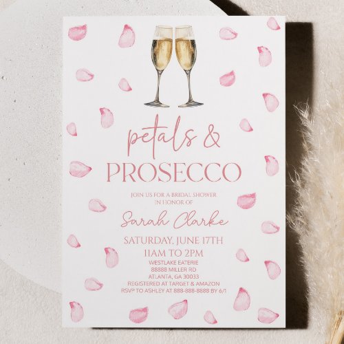 Petals  Prosecco Pink Rose Petals Bridal Shower  Invitation