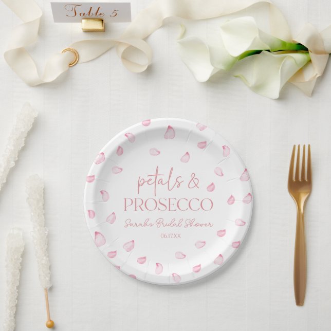 Petals & Prosecco Pink Rose Petals Bridal Shower  Paper Plates (Wedding)