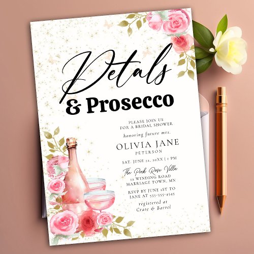 Petals Prosecco Pink Roses Gold Bridal Shower Invitation