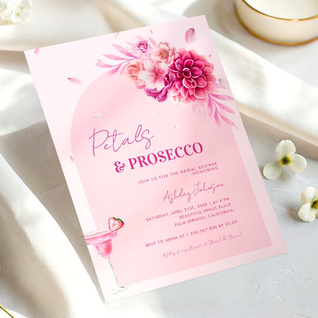Petals & Prosecco Pink Script Floral Bridal Shower Invitation (Creator Uploaded)