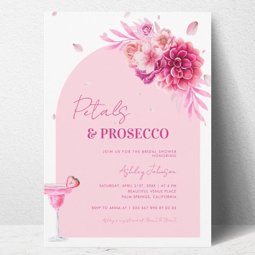 Petals  Prosecco Pink Script Floral Bridal Shower Invitation