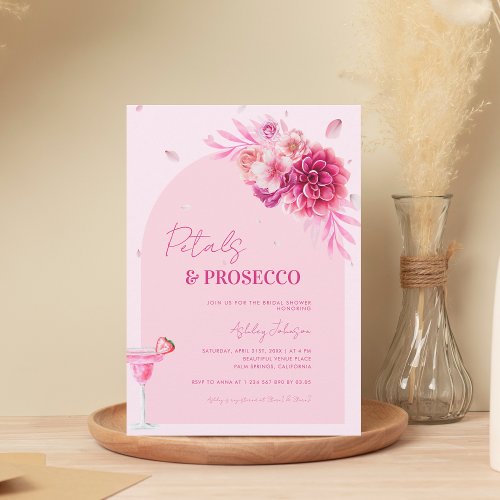 Petals  Prosecco Pink Script Floral Bridal Shower Invitation