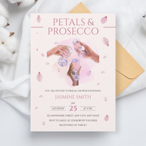 Petals  Prosecco Pink Watercolor Bridal Shower Invitation