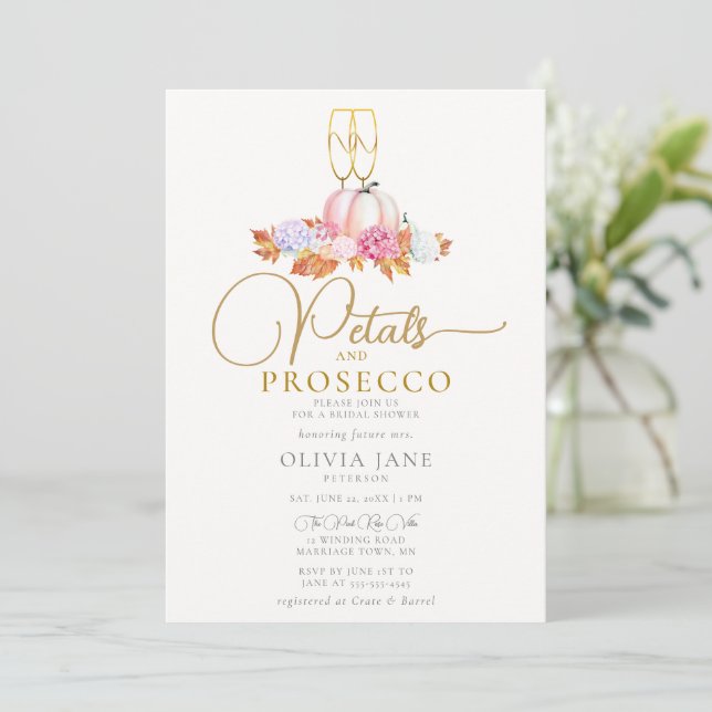 Petals Prosecco Pumpkin Floral Fall Bridal Shower Invitation (Standing Front)