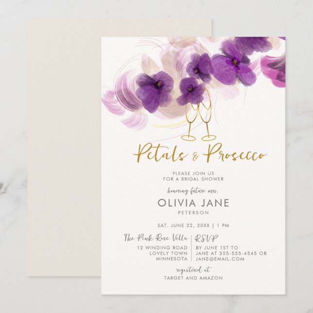 Petals Prosecco Purple Orchid Bubbly Bridal Shower Invitation (Front/Back)