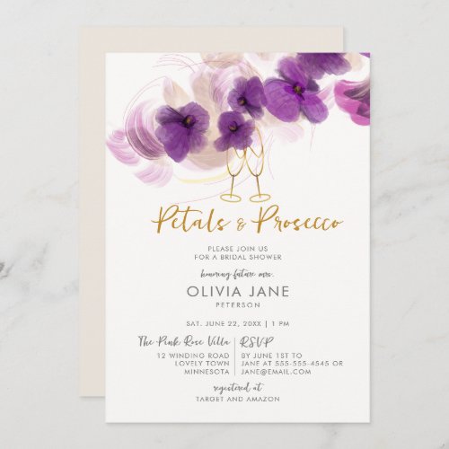 Petals Prosecco Purple Orchid Bubbly Bridal Shower Invitation