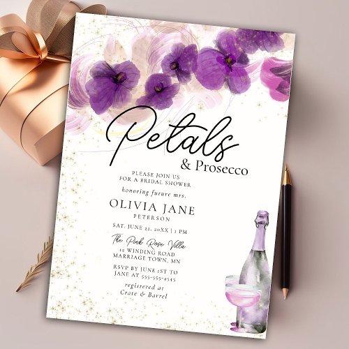 Petals Prosecco Purple Orchid Floral Bridal Shower Invitation