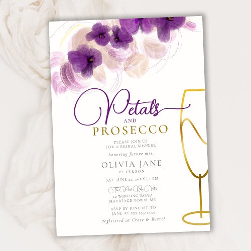 Petals Prosecco Purple Orchids Boho Elegant Bridal Invitation