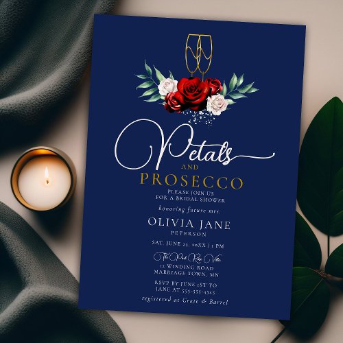 Petals Prosecco Red White Roses Navy Bridal Shower Invitation
