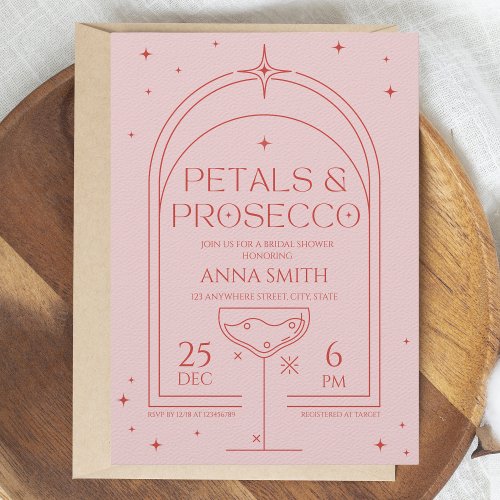 Petals  Prosecco Retro Pink Red Bridal Shower Invitation