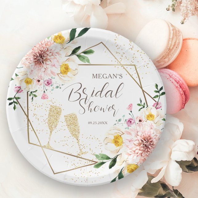 Petals & Prosecco | Rose Gold Floral Bridal Shower Paper Plates (Creator Uploaded)