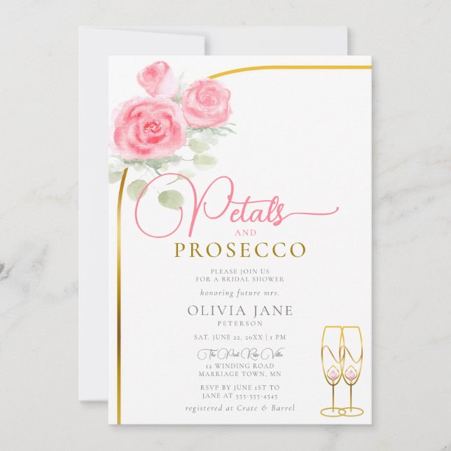 Petals Prosecco Roses Boho Arch Bridal Shower Invitation (Front)