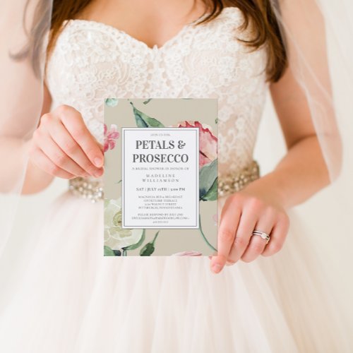Petals Prosecco Watercolor Floral Bridal Shower Invitation