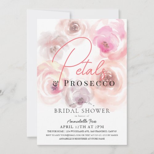 Petals  Prosecco Watercolor Rose Bridal Shower Invitation