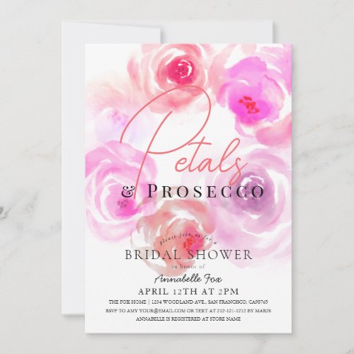 Petals  Prosecco Watercolor Rose Bridal Shower Invitation