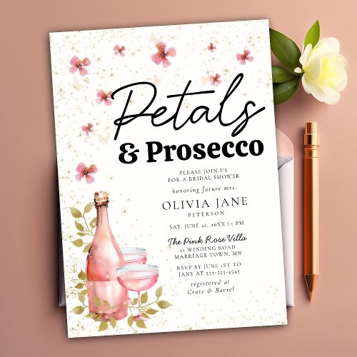 Petals Prosecco Whimsical Flowers Bridal Shower Invitation
