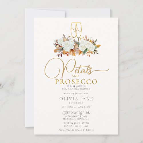 Petals Prosecco White Fall Roses Bridal Shower Invitation