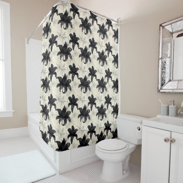 Petals & Webs – Gothic Bloom in Tangled Silence Shower Curtain (In Situ)