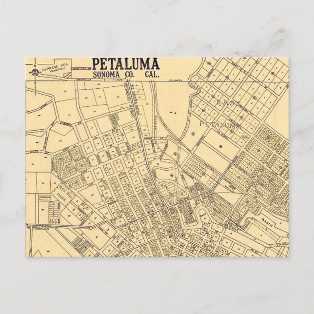 Petaluma CA Vintage Map Postcard (Front)