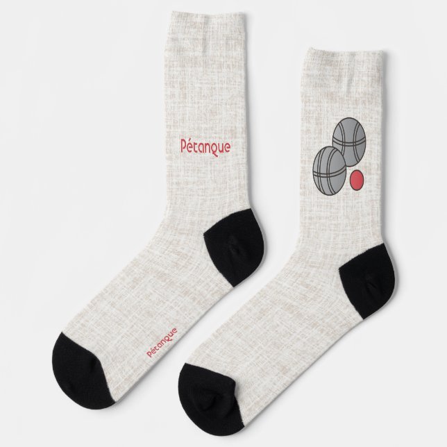 Pétanque, two balls, red on a beige linen design socks (Left)