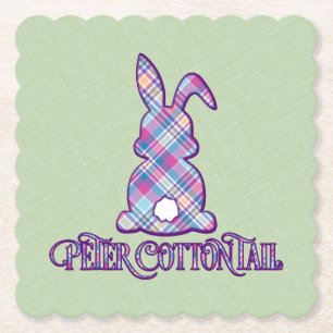 Peter Cottontail Purple Plaid Easter Bunny Paper Coaster