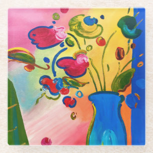 Peter Max inspired Flowers Glass Coaster