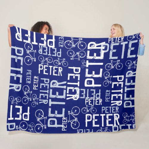 Peter Personalized Name and Bikes Dark_Blue Fleece Blanket