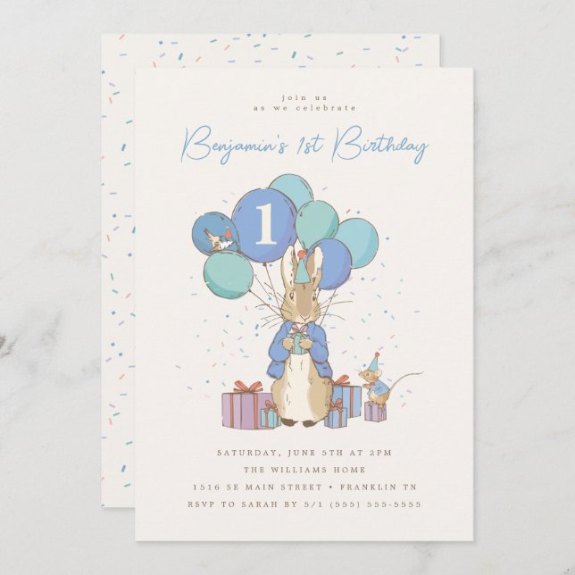 Peter Rabbit 1st Birthday Blue Confetti Invitation (Front/Back)
