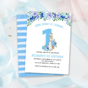 Peter Rabbit 1st Birthday Blue Floral Invitation