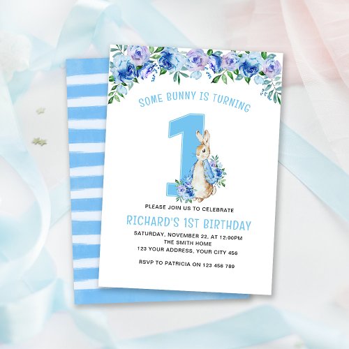 Peter Rabbit 1st Birthday Blue Floral Invitation
