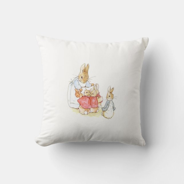 Peter Rabbit and his Sisters (by Beatrix Potter) Throw Pillow (Front)