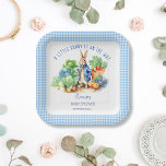 Peter rabbit baby boy baby shower printed paper plates<br><div class="desc">Peter rabbit with a blue jacket and garden vegetables  baby shower monogram printed paper plates template. A cute bunny in a blue jacket standing in veggie garden for a baby boy baby shower pastel blue gingham personalized baby shower tableware</div>