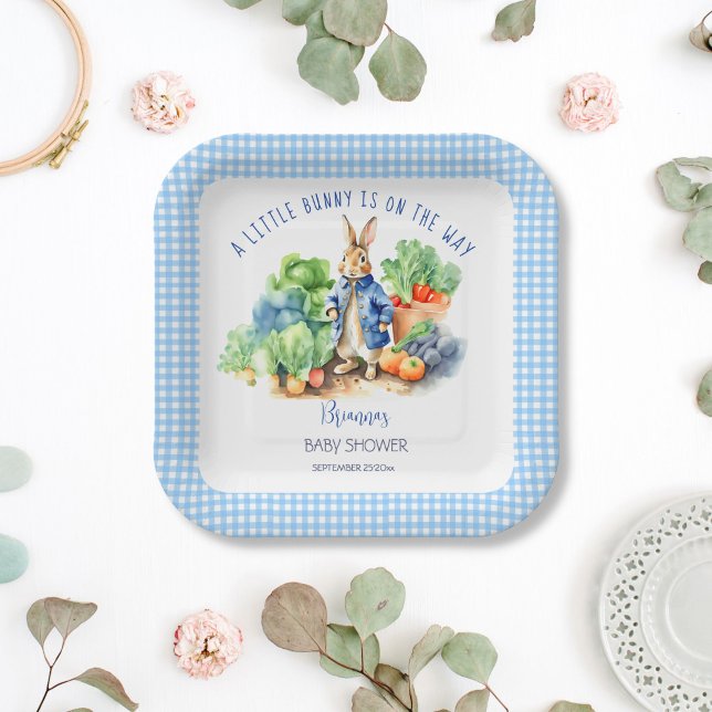 Peter rabbit baby boy baby shower printed paper plates (Peter rabbit boy baby shower printed paper plates personalized decor blue gingham vegetable garden)