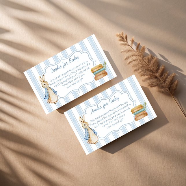 Peter rabbit baby shower book request enclosure card (Peter rabbit dusty blue stripes vintage baby shower book request enclosure cards books for baby card)