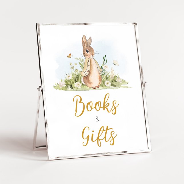 Peter Rabbit Baby Shower Books and Gifts Poster (Rabbit Gender Neutral Baby Shower Books and Gifts Sign)