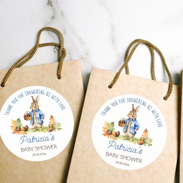 Peter rabbit baby shower thank you favor classic round sticker (Peter rabbit baby shower thank you favor gift stickers cute bunny in a blue jacket with acorn basket)