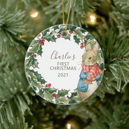 Peter Rabbit  Babys First Christmas with Photo  Ceramic Ornament