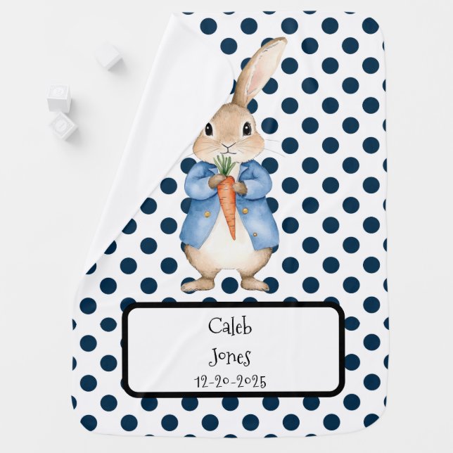 Peter Rabbit Black Polka Dots Baby Boy Custom Baby Blanket (In Situ)