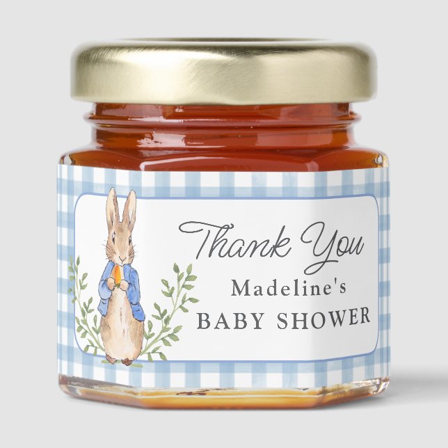 Peter Rabbit Blue Gingham Baby Shower Honey Jar Favors (Front)