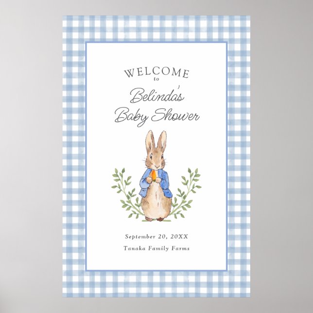 Peter Rabbit Blue Gingham Baby Shower Welcome Poster (Front)