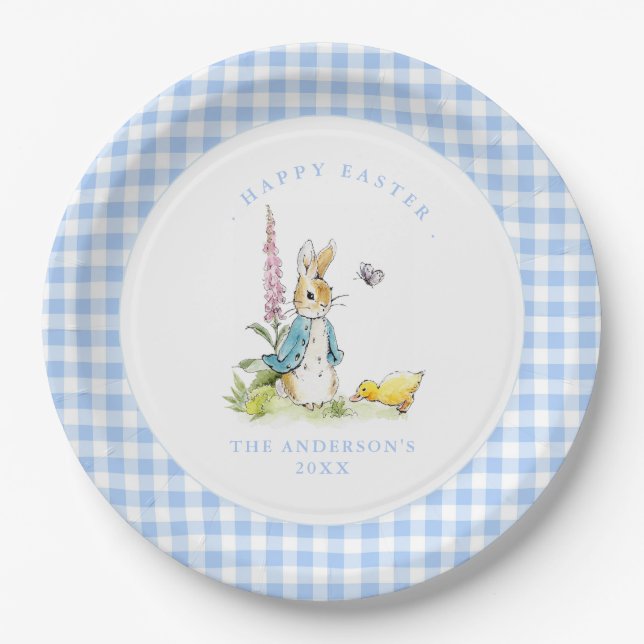 Peter Rabbit Blue Gingham border Easter brunch Paper Plates (Front)