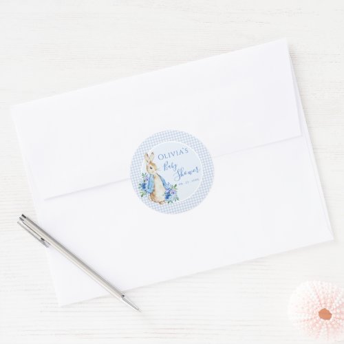 Peter Rabbit Blue Gingham Watercolor Baby Shower Classic Round Sticker