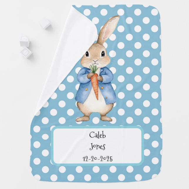 Peter Rabbit Blue Polka Dots Baby Boy Custom Baby Blanket (In Situ)