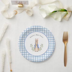Peter Rabbit Blue White Gingham Baby Shower Paper Plates