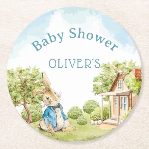 Peter Rabbit Boy Baby Shower Round Paper Coaster