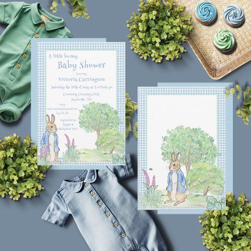 Peter Rabbit Bunny Greenery Blue Baby Shower Invitation