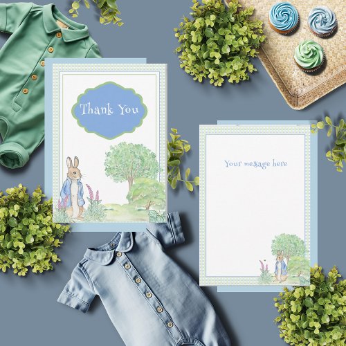 Peter Rabbit Bunny Greenery Blue Baby Shower  Thank You Card