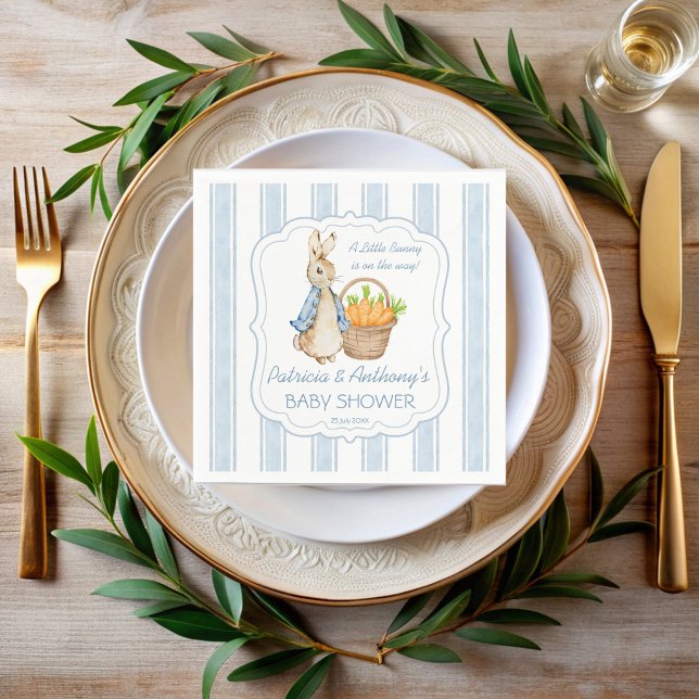 Peter rabbit dusty blue stripes baby shower custom napkins (Peter rabbit dusty blue stripes baby shower monogrammed  napkins personalized table decor)
