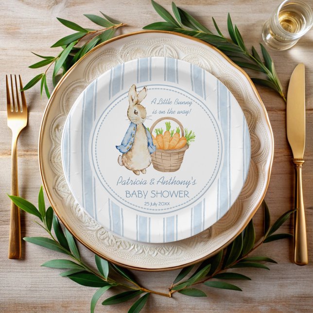 Peter rabbit dusty blue stripes baby shower custom paper plates (Peter rabbit vintage dusty blue stripes baby shower monogrammed paper plates personalized decor)