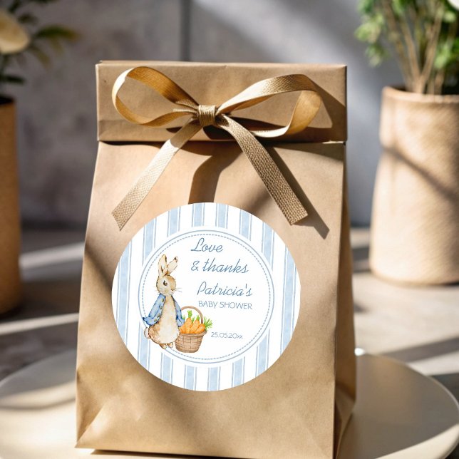 Peter rabbit dusty blue stripes baby shower favor classic round sticker (Peter rabbit dusty blue stripes baby shower favor classic round sticker)